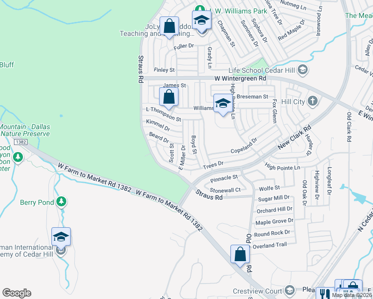 map of restaurants, bars, coffee shops, grocery stores, and more near 1321 East Miller Drive in Cedar Hill