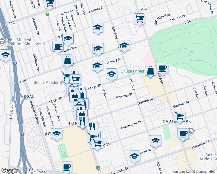 map of restaurants, bars, coffee shops, grocery stores, and more near 482 Wykes Street in Chula Vista