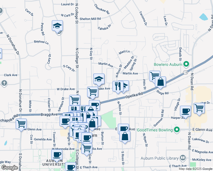 map of restaurants, bars, coffee shops, grocery stores, and more near 243 East Drake Avenue in Auburn
