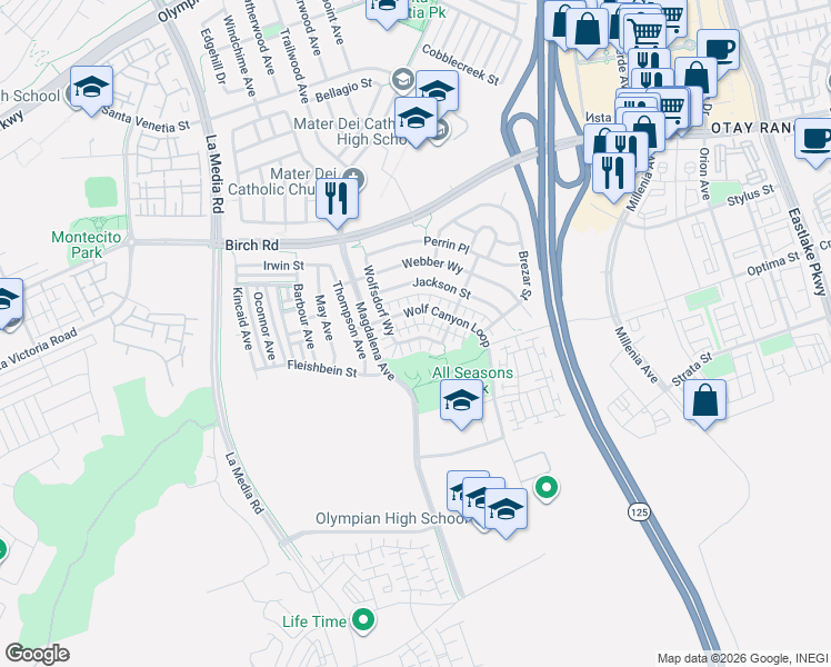 map of restaurants, bars, coffee shops, grocery stores, and more near 1773 Reichert Way in Chula Vista