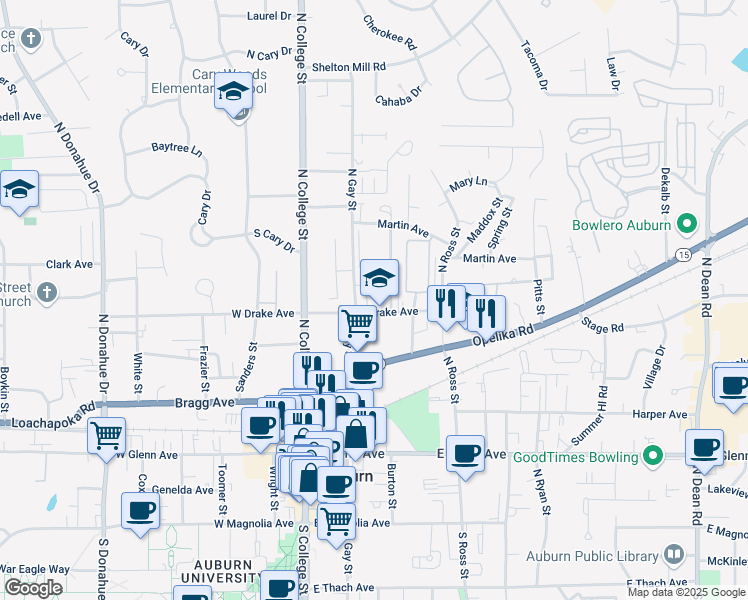 map of restaurants, bars, coffee shops, grocery stores, and more near 530 Oak Meadow Lane in Auburn