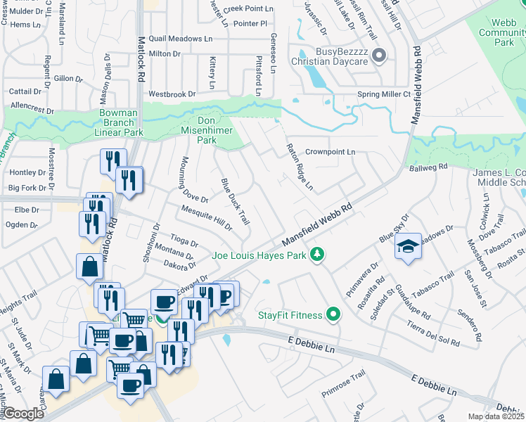 map of restaurants, bars, coffee shops, grocery stores, and more near 8008 Splitrail Court in Arlington