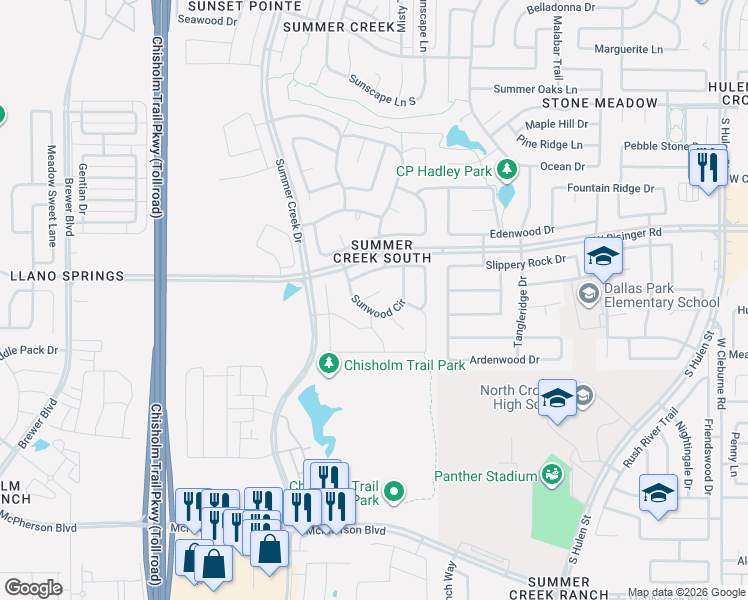 map of restaurants, bars, coffee shops, grocery stores, and more near 5209 Sunwood Circle in Fort Worth