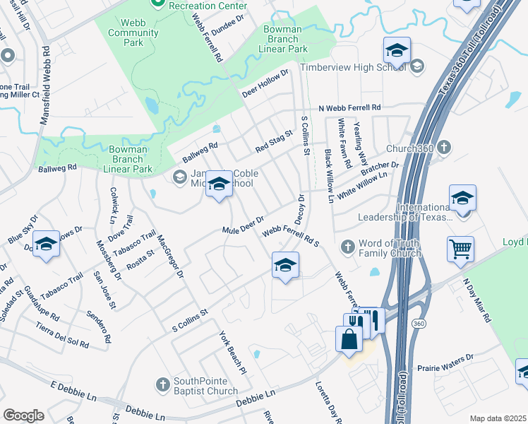 map of restaurants, bars, coffee shops, grocery stores, and more near 7719 Longbow Lane in Arlington