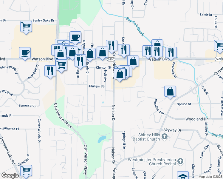 map of restaurants, bars, coffee shops, grocery stores, and more near 214 Nelson Drive in Warner Robins