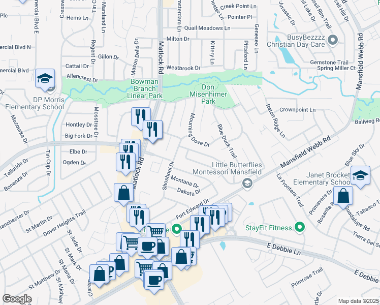 map of restaurants, bars, coffee shops, grocery stores, and more near 310 Mesquite Hill Drive in Arlington