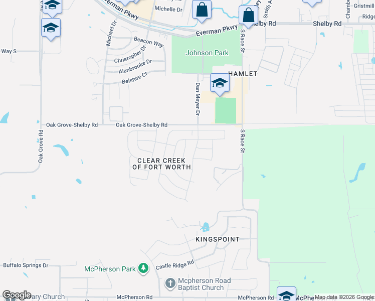 map of restaurants, bars, coffee shops, grocery stores, and more near 2066-2198 Oak Grove-Shelby Road in Everman