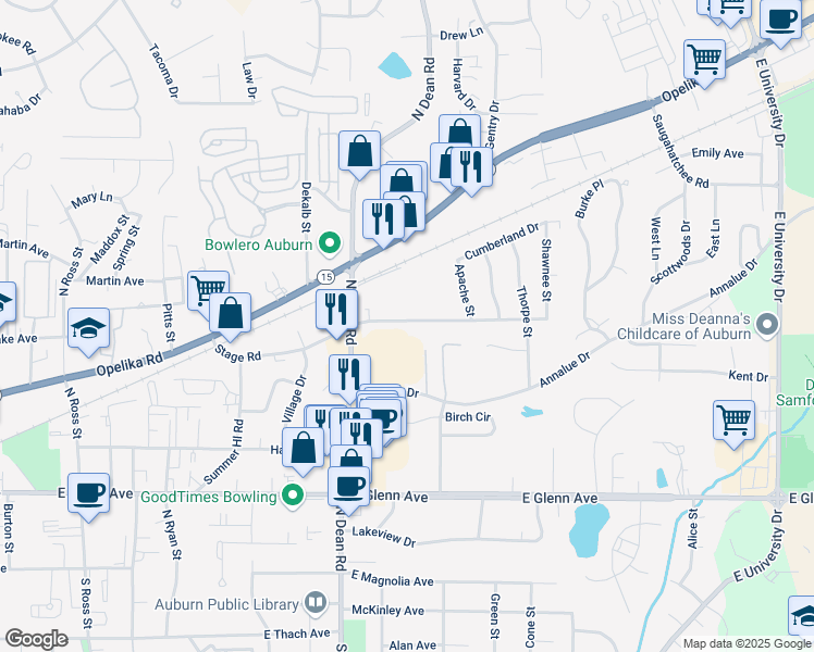 map of restaurants, bars, coffee shops, grocery stores, and more near 904 Stage Road in Auburn
