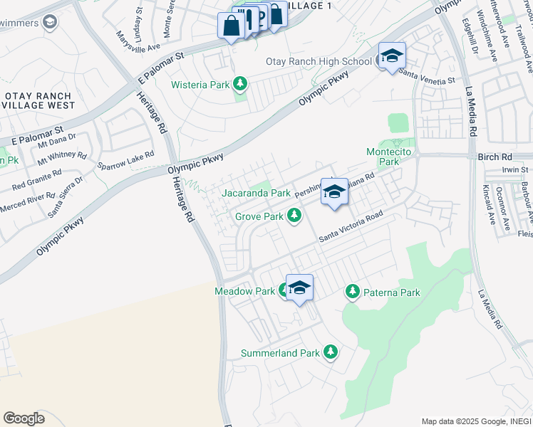map of restaurants, bars, coffee shops, grocery stores, and more near 1292 Pershing Road in Chula Vista