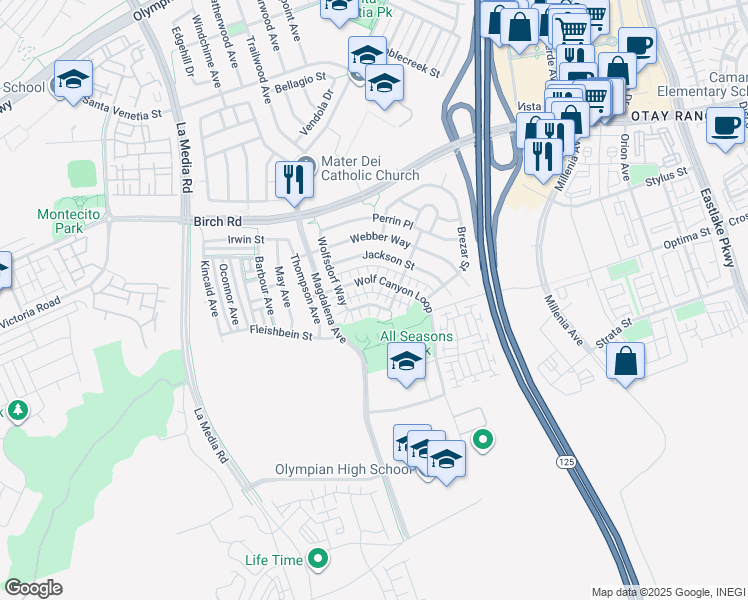 map of restaurants, bars, coffee shops, grocery stores, and more near 1773 Reichert Way in Chula Vista