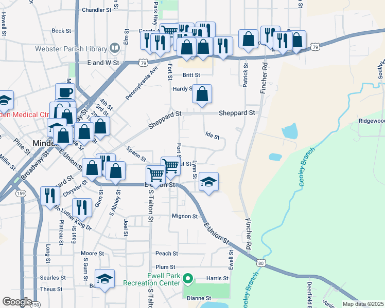 map of restaurants, bars, coffee shops, grocery stores, and more near 212 Lynn Street in Minden