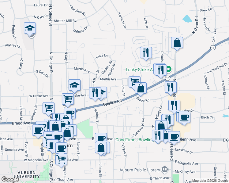 map of restaurants, bars, coffee shops, grocery stores, and more near 416C Dowdell Road in Auburn