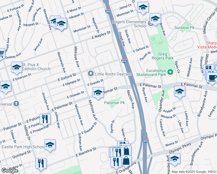 map of restaurants, bars, coffee shops, grocery stores, and more near 1295 Nolan Avenue in Chula Vista