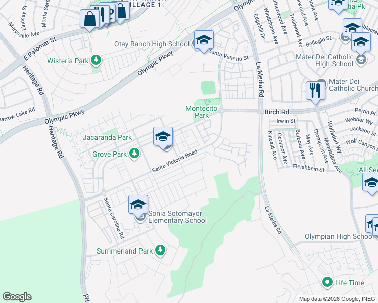 map of restaurants, bars, coffee shops, grocery stores, and more near 1405 Santa Victoria Road in Chula Vista