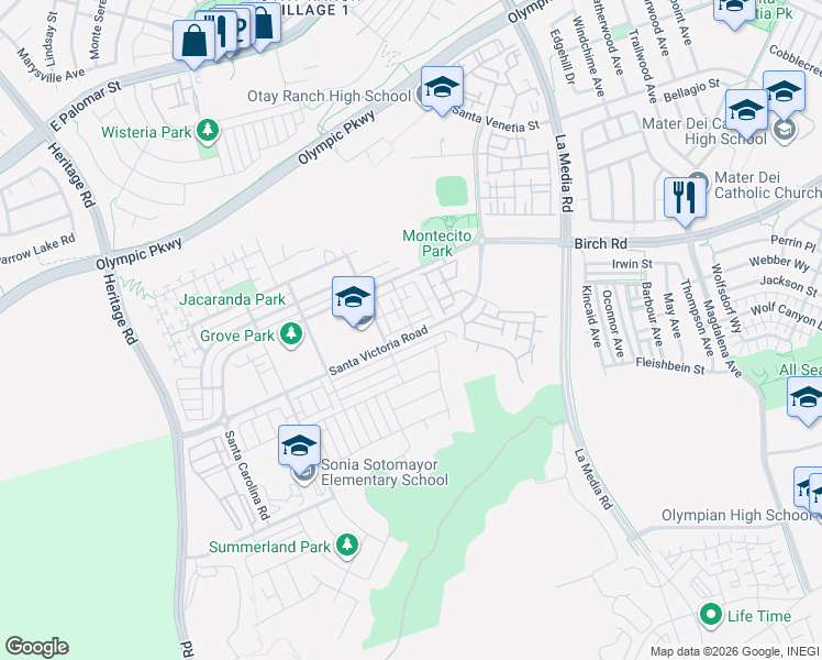 map of restaurants, bars, coffee shops, grocery stores, and more near 1405 Santa Victoria Road in Chula Vista