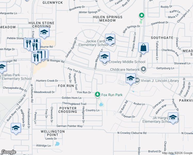 map of restaurants, bars, coffee shops, grocery stores, and more near 3878 Fox Meadow Way in Fort Worth