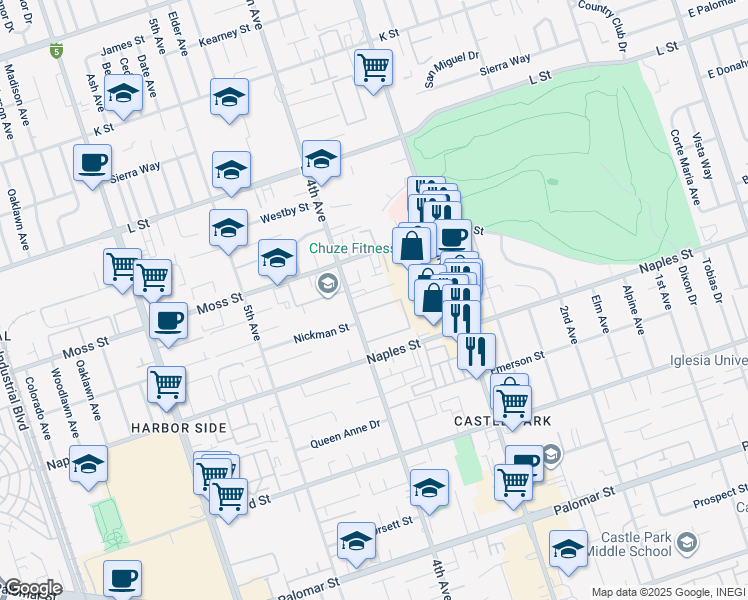 map of restaurants, bars, coffee shops, grocery stores, and more near 1045 4th Avenue in Chula Vista