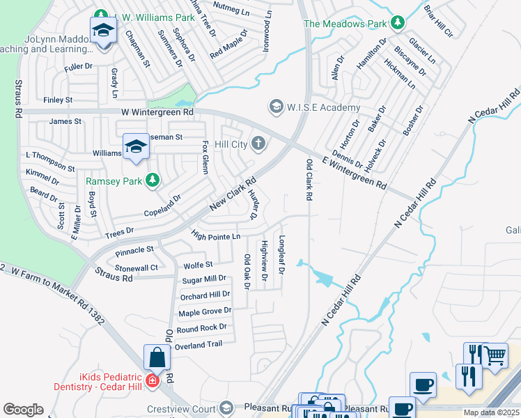map of restaurants, bars, coffee shops, grocery stores, and more near 125 Hunter Drive in Cedar Hill