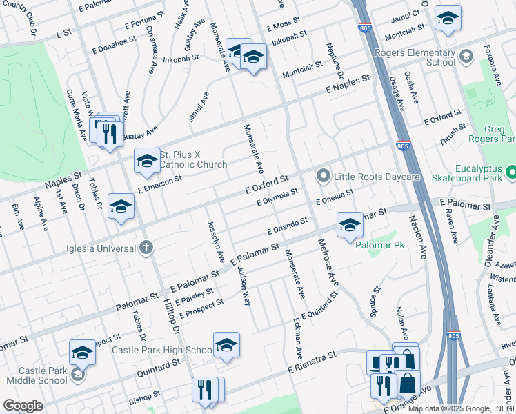 map of restaurants, bars, coffee shops, grocery stores, and more near 152 East Olympia Street in Chula Vista