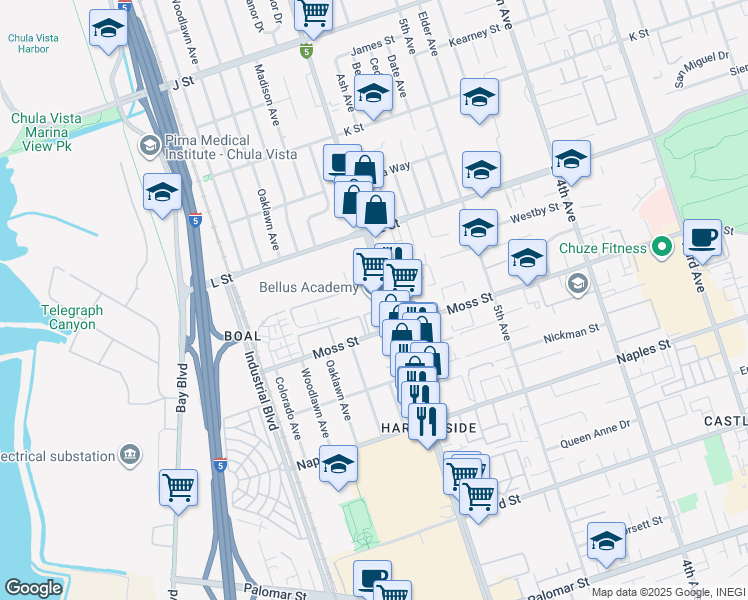 map of restaurants, bars, coffee shops, grocery stores, and more near 970 Broadway in Chula Vista