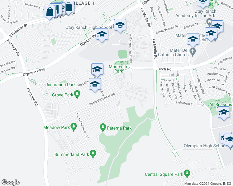 map of restaurants, bars, coffee shops, grocery stores, and more near 1424 Santa Victoria Road in Chula Vista