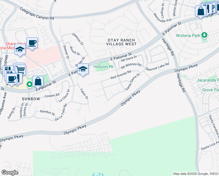 map of restaurants, bars, coffee shops, grocery stores, and more near 1504 Windmill Place in Chula Vista