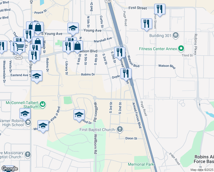 map of restaurants, bars, coffee shops, grocery stores, and more near 408 South 3rd Street in Warner Robins