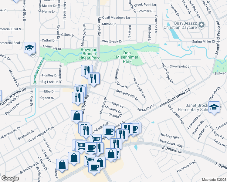 map of restaurants, bars, coffee shops, grocery stores, and more near 310 Mesquite Hill Drive in Arlington
