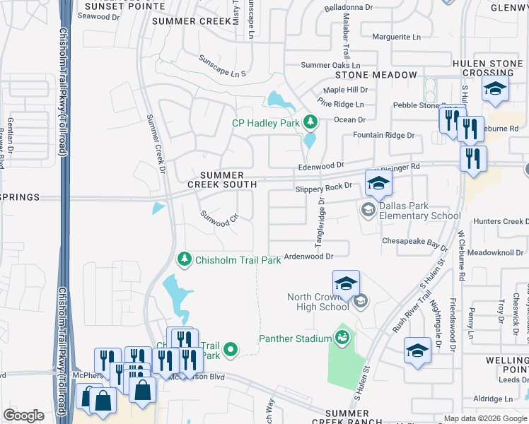 map of restaurants, bars, coffee shops, grocery stores, and more near 4904 Breezewind Lane in Fort Worth