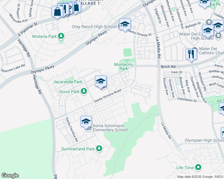 map of restaurants, bars, coffee shops, grocery stores, and more near 1405 Santa Victoria Road in Chula Vista