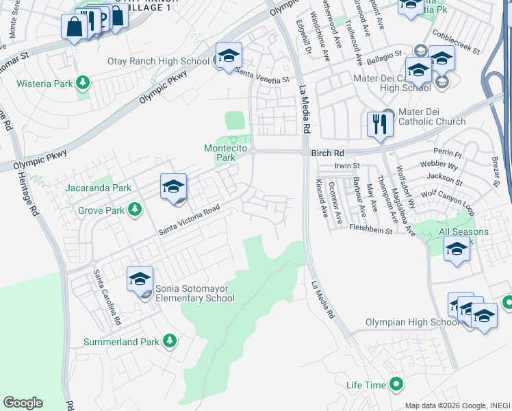 map of restaurants, bars, coffee shops, grocery stores, and more near 1516 San Borja Street in Chula Vista