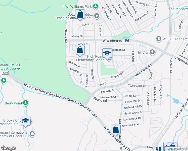 map of restaurants, bars, coffee shops, grocery stores, and more near 1326 Boyd Street in Cedar Hill