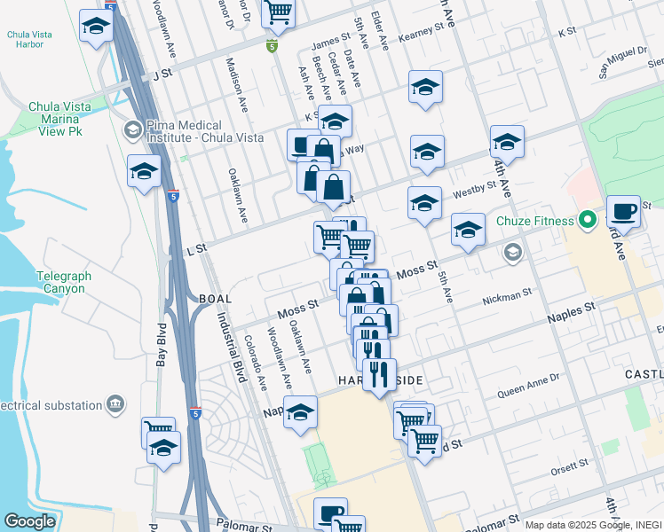 map of restaurants, bars, coffee shops, grocery stores, and more near 970 Broadway in Chula Vista