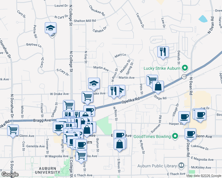 map of restaurants, bars, coffee shops, grocery stores, and more near 325 East Drake Avenue in Auburn