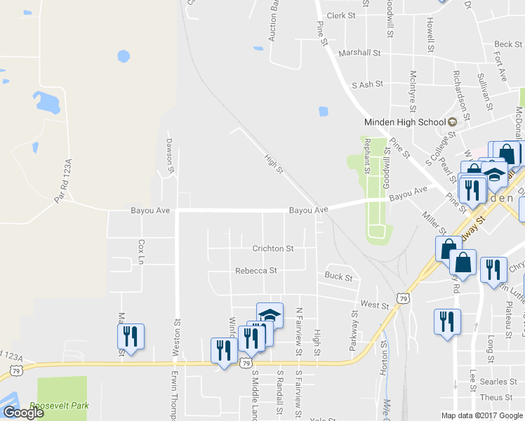 map of restaurants, bars, coffee shops, grocery stores, and more near Bayou Avenue in Minden
