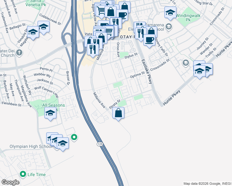 map of restaurants, bars, coffee shops, grocery stores, and more near 1956 Pavilion Lane in Chula Vista