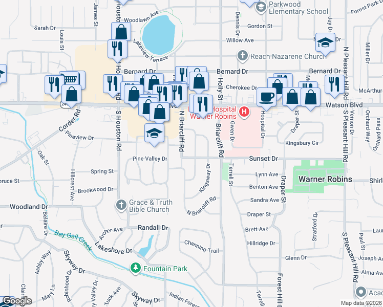 map of restaurants, bars, coffee shops, grocery stores, and more near 119 Springdale Road in Warner Robins