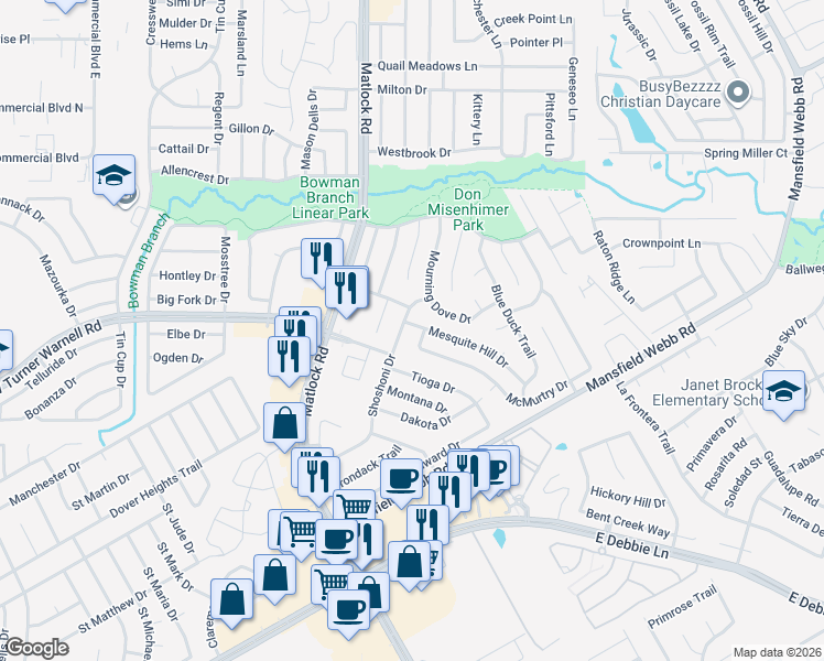 map of restaurants, bars, coffee shops, grocery stores, and more near 302 Mesquite Hill Drive in Arlington