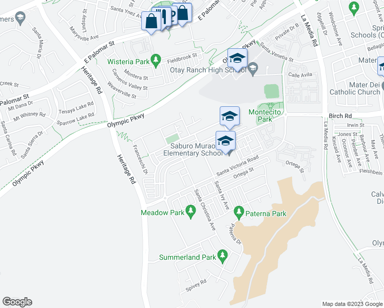 map of restaurants, bars, coffee shops, grocery stores, and more near 1325 Santa Diana Road in Chula Vista