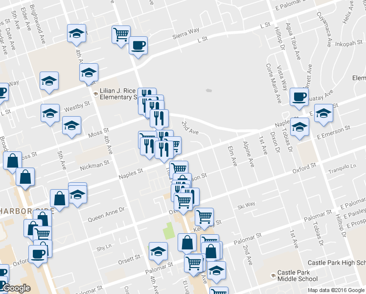 map of restaurants, bars, coffee shops, grocery stores, and more near 1093 Del Mar Avenue in Chula Vista