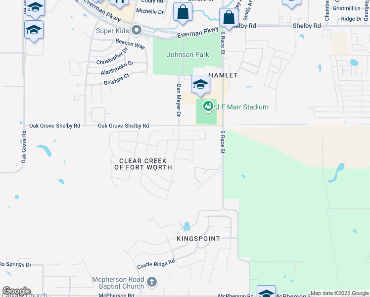 map of restaurants, bars, coffee shops, grocery stores, and more near Oak Grove-Shelby Road in Everman