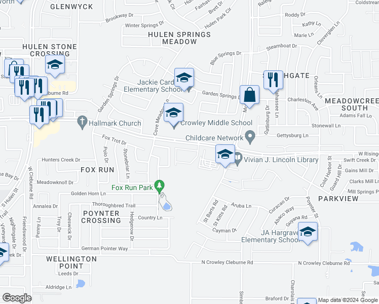 map of restaurants, bars, coffee shops, grocery stores, and more near 3601 West Risinger Road in Fort Worth
