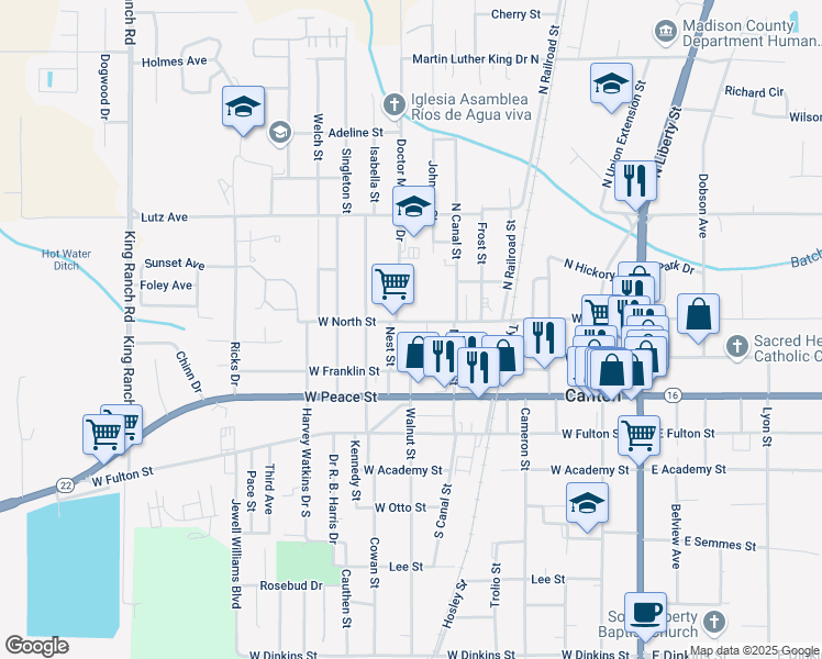 map of restaurants, bars, coffee shops, grocery stores, and more near 637 West North Street in Canton