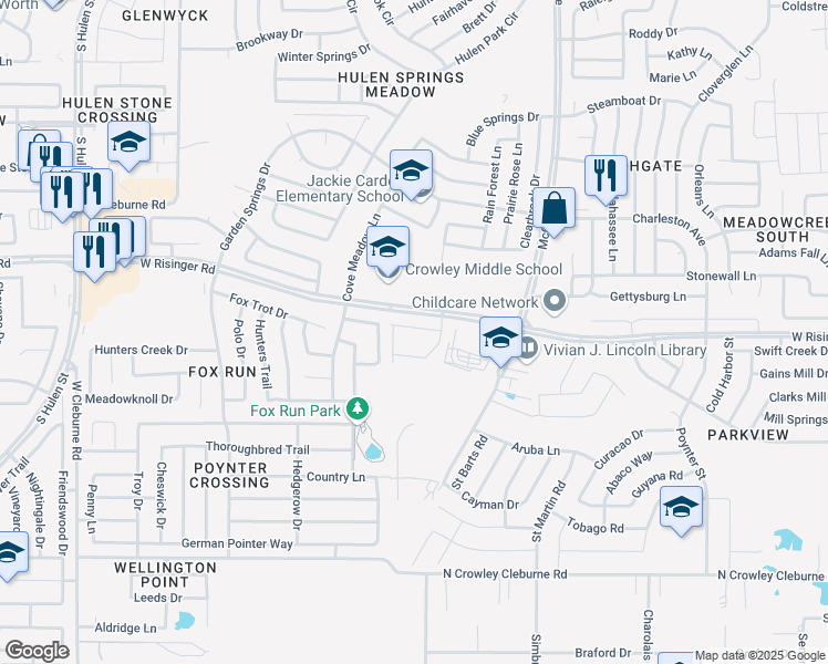 map of restaurants, bars, coffee shops, grocery stores, and more near 3601 West Risinger Road in Fort Worth