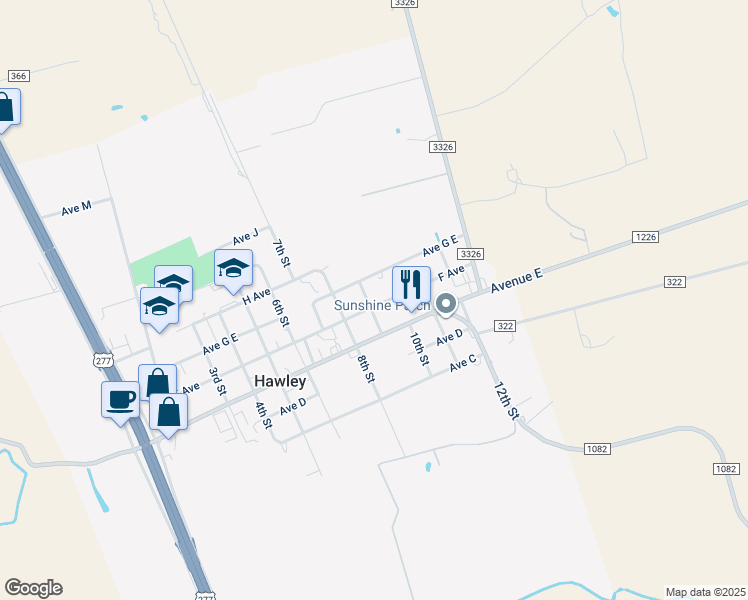 map of restaurants, bars, coffee shops, grocery stores, and more near 920 F Avenue in Hawley