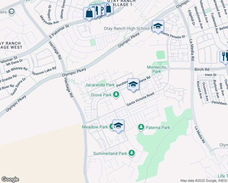 map of restaurants, bars, coffee shops, grocery stores, and more near 1345 Santa Diana Road in Chula Vista