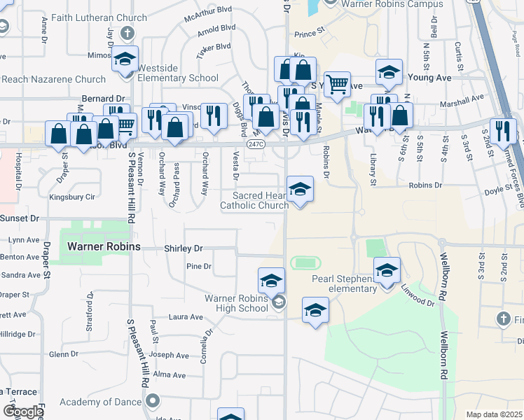 map of restaurants, bars, coffee shops, grocery stores, and more near 244 Meadowdale Drive in Warner Robins