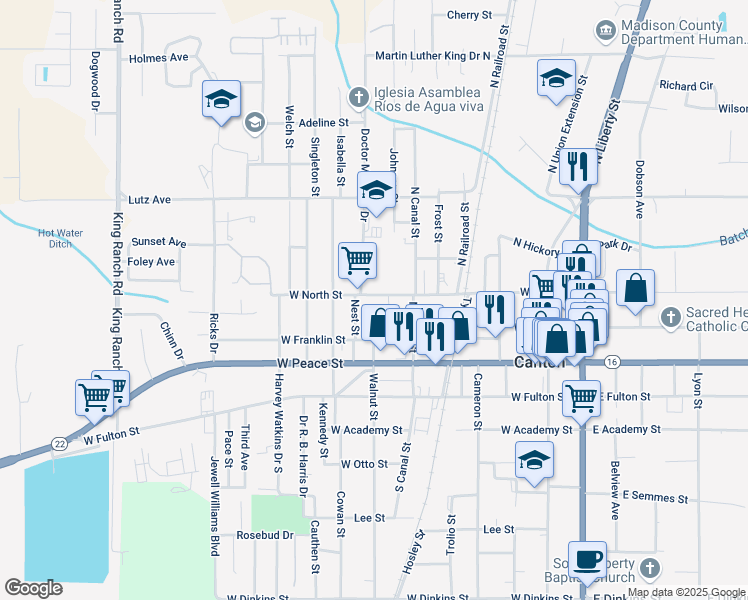 map of restaurants, bars, coffee shops, grocery stores, and more near 637 West North Street in Canton