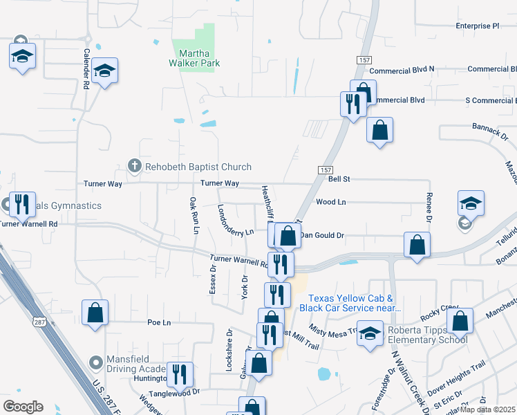map of restaurants, bars, coffee shops, grocery stores, and more near 3409 Heathcliff Drive in Mansfield