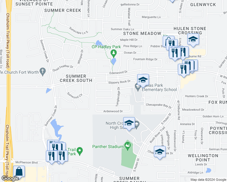 map of restaurants, bars, coffee shops, grocery stores, and more near 8621 Deepwood Lane in Fort Worth